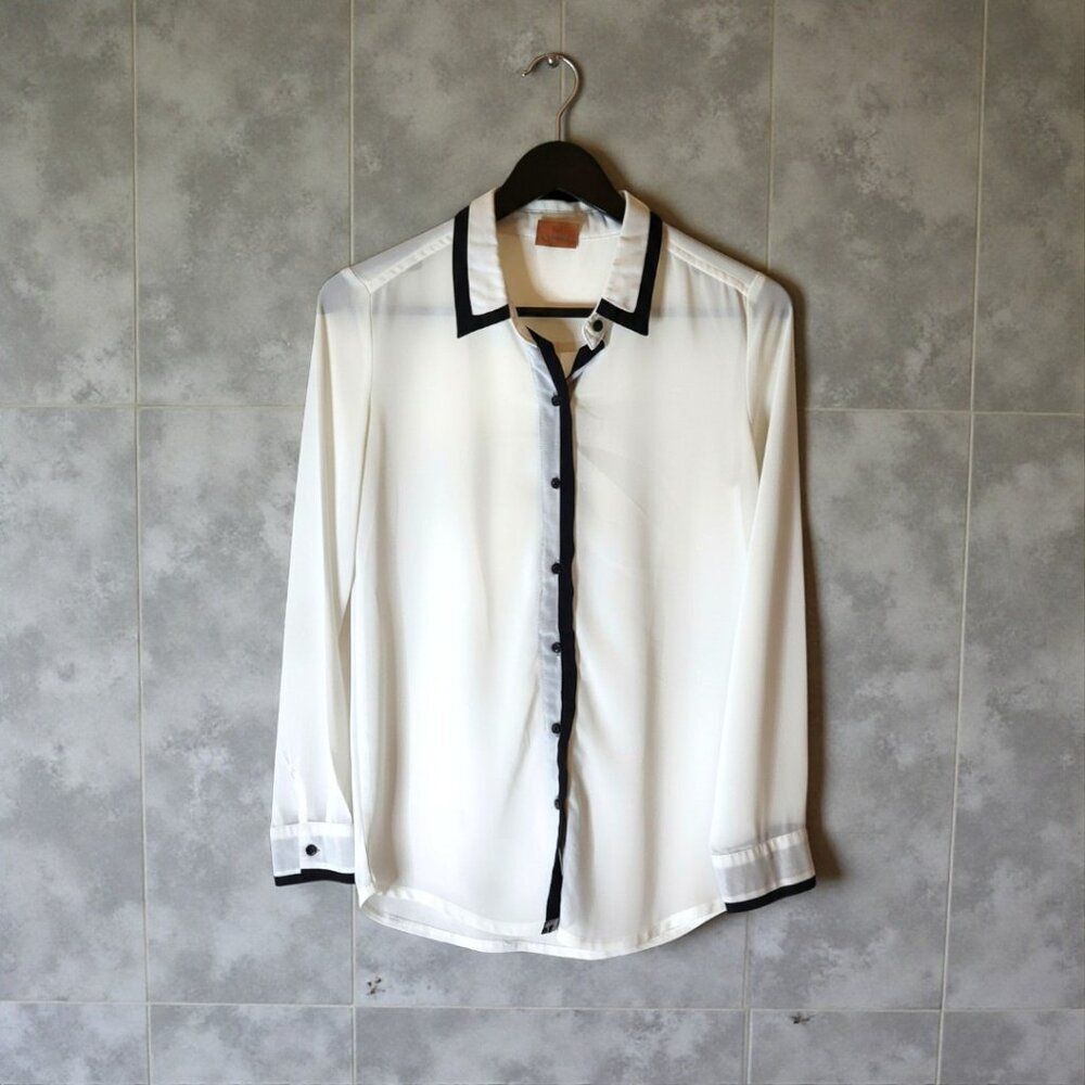 Kashieca White Sheer Button Down Blouse XS Black Contrast Trim Preppy Office